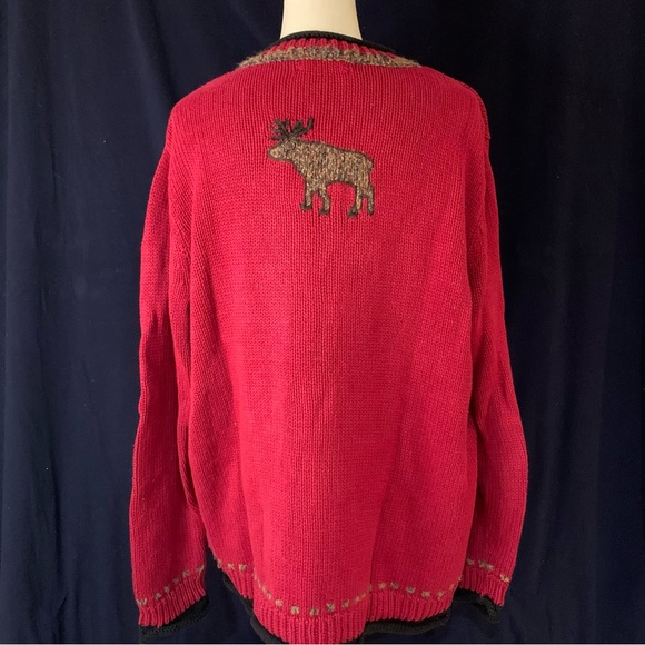 CJ Banks Sz2X red hand embroidered moose sweater black rolled hem&collar - Picture 4 of 10